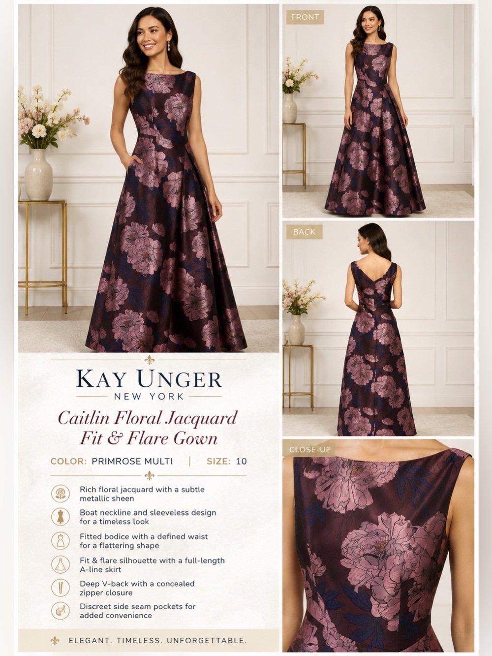 Kay Unger Caitlin Floral Jacquard Fit & Flare Gown Primrose Multi Size 10
